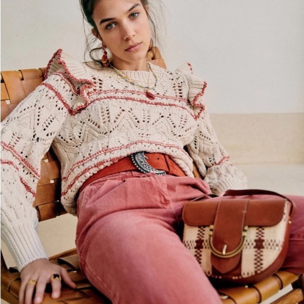 Sezane Cream Knit Sweater with Pink Trim